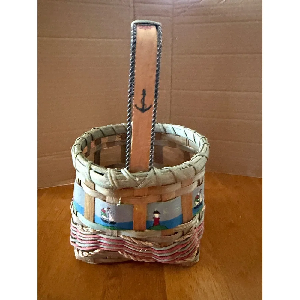 Nautical Woven Splint Basket Hand Painted Lighthouse Sailboat Anchor Decor